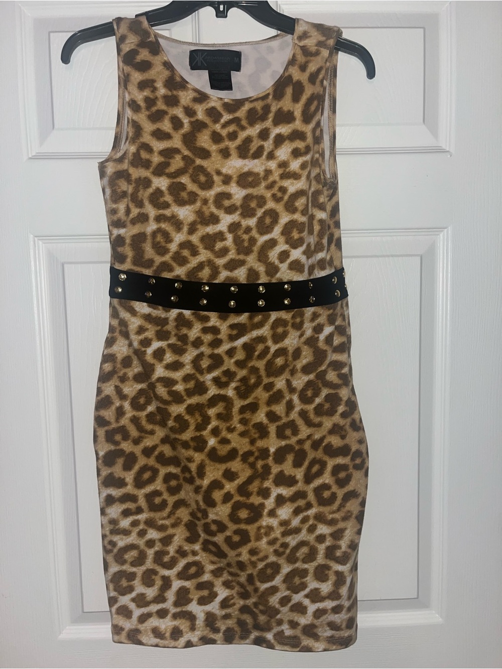 Kardashian Kollection Leopard Print Sheath Dress with Black Studded Waist